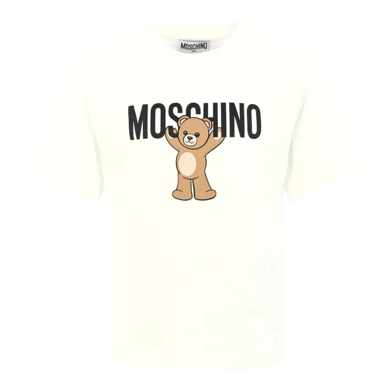 Moschino T-Shirt Girocollo tinta unita con Logo Panna per Bambino