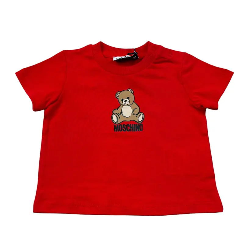 Moschino T-Shirt Girocollo tinta unita con Logo Rosso per Neonato