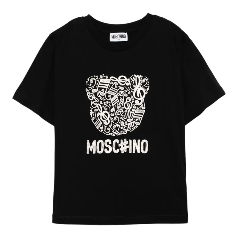Moschino T-Shirt Girocollo tinta unita con Stampa Nero per Bambino