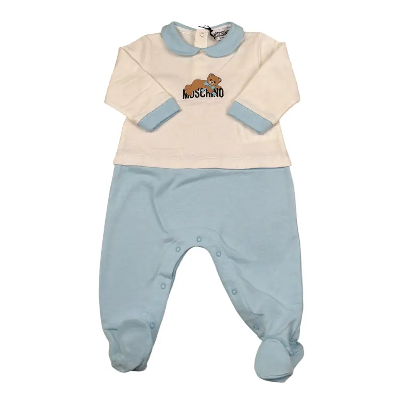 Moschino Tutina Bicolore con Stampa Bianco/Azzurro per Neonato
