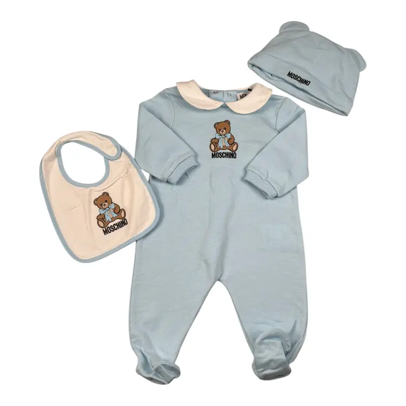 Moschino Tutina Manica Lunga con Cappello E Bavetta Azzurro per Neonato