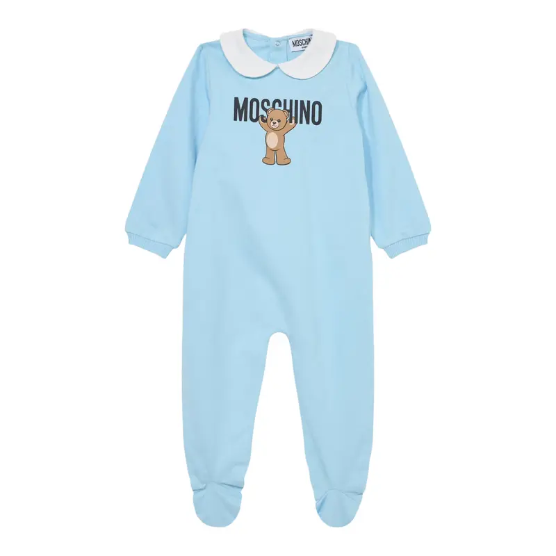 Moschino Tutina Manica Lunga tinta unita con Logo Azzurro per Neonato