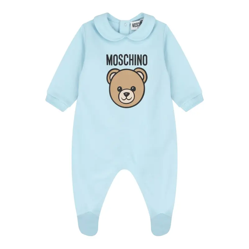 Moschino Tutina Manica Lunga tinta unita con Logo Azzurro per Neonato