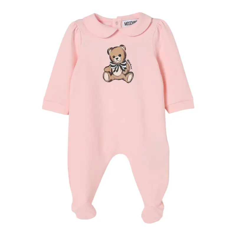 Moschino Tutina Manica Lunga tinta unita con Logo Rosa per Neonata