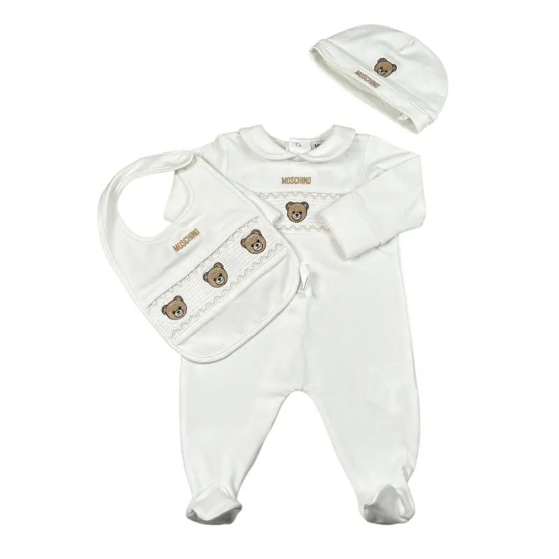Moschino Tutina Set 3Pz Bavetta-Cappello Bianco per Neonata