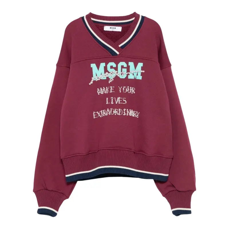 Msgm Felpa tinta unita con Scollo A V E Stampa Bordeaux per Bambina