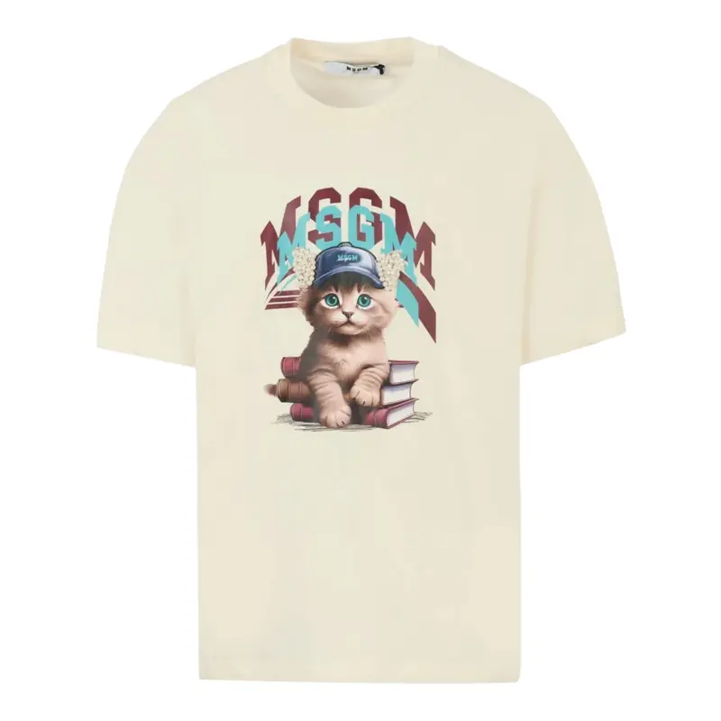 Msgm T-Shirt Girocollo tinta unita con Stampa Panna per Bambino