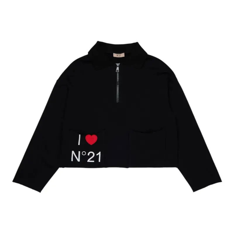 N°21 Felpa tinta unita con Mezza Zip Nero per Bambina