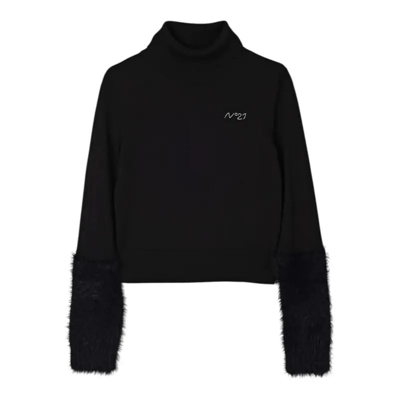 N°21 Maglia Collo Alto tinta unita con Logo Nero per Bambina
