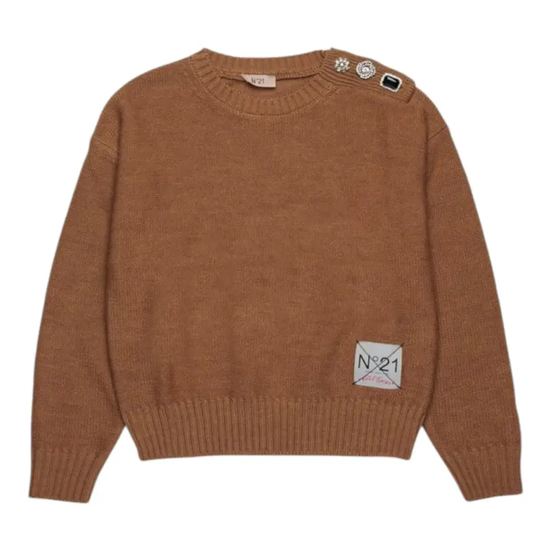 N°21 Maglia Girocollo tinta unita con Applicazioni Cammello per Bambina