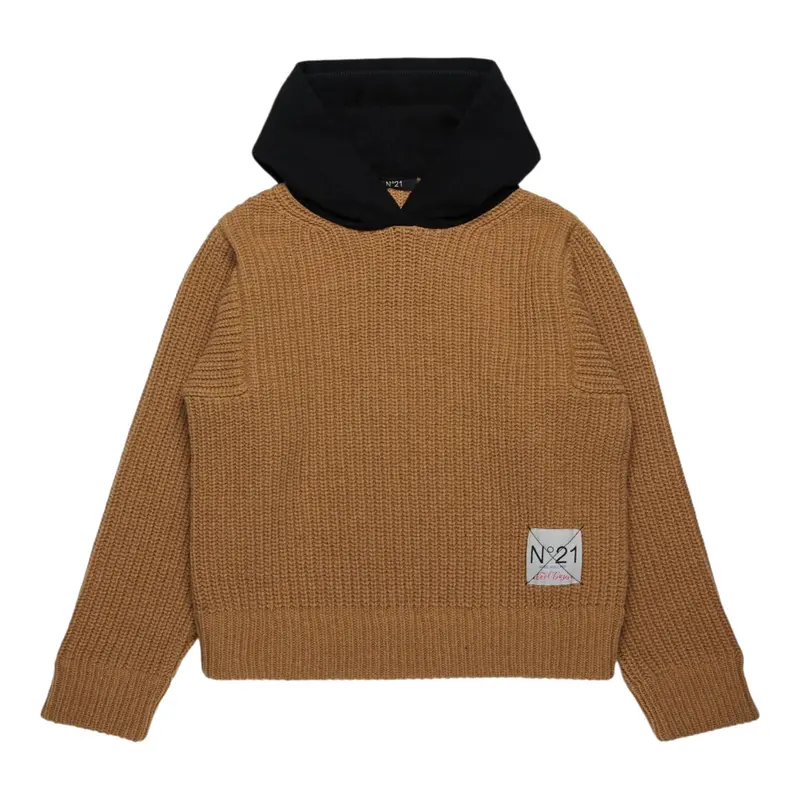 N°21 Maglia tinta unita con Cappuccio Cammello per Bambino