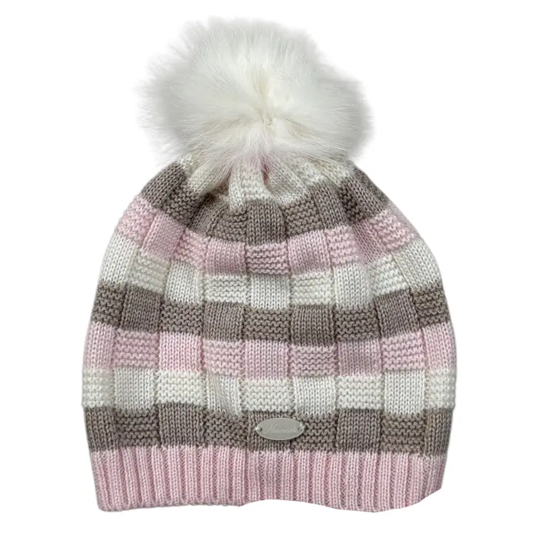 Ninnaoh Cappello Tricolore con Fantasia E Pon Pon Rosa per Neonata