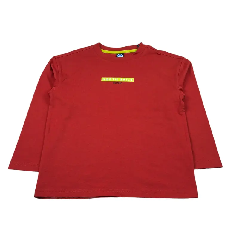 North Sails Shirt Girocollo Tinta Unit con Logo Rosso per Bambino