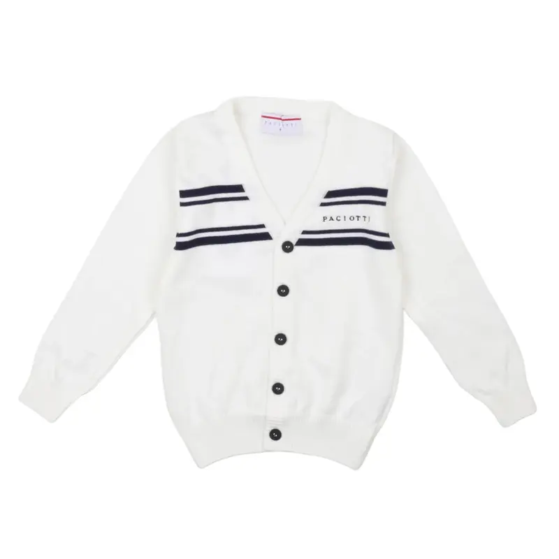 Paciotti 4US Cardigan Bambino Panna in Maglia con Bande Blu Navy e Bottoni