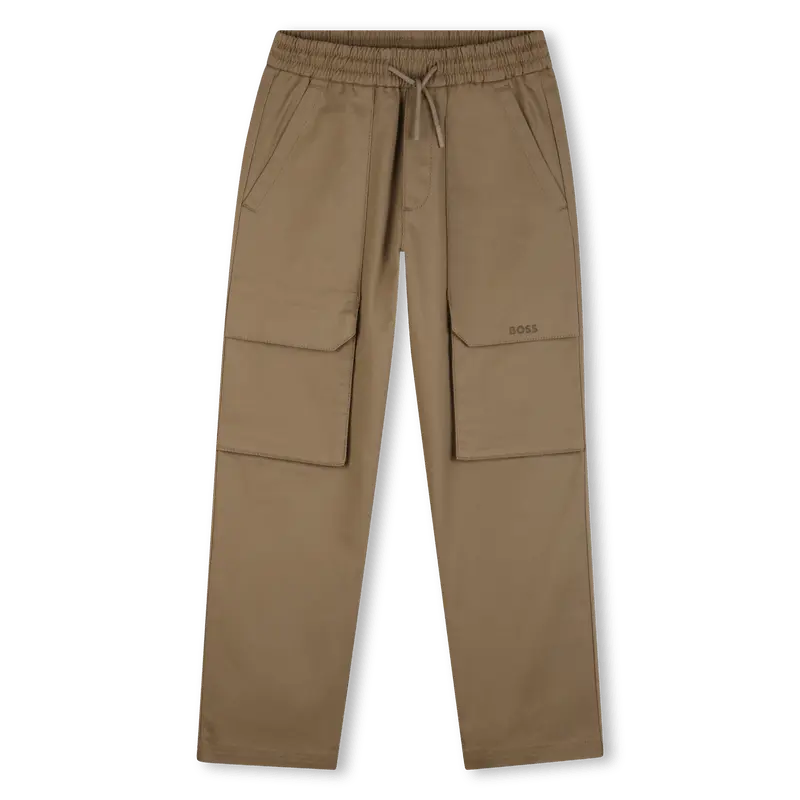 PANTALONE BEIGE SCURO CON TASCONI E CON LOGO IN RILIEVO BOSS