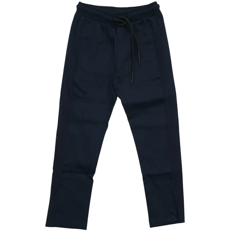 Pantalone blu in raso con bandina tono su tono