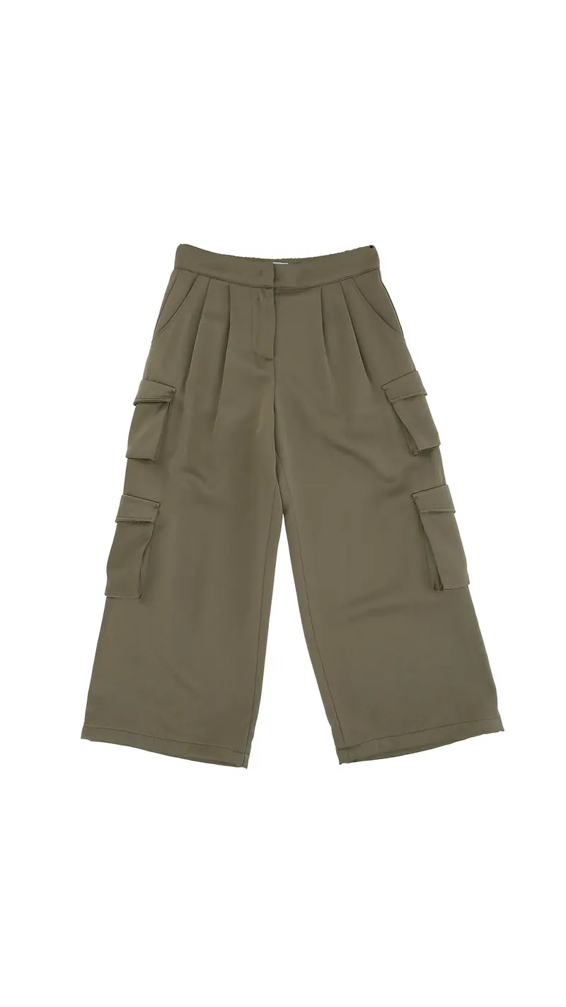 PANTALONE IN RASO VERDE MILITARE CON TASCONI DONDUP