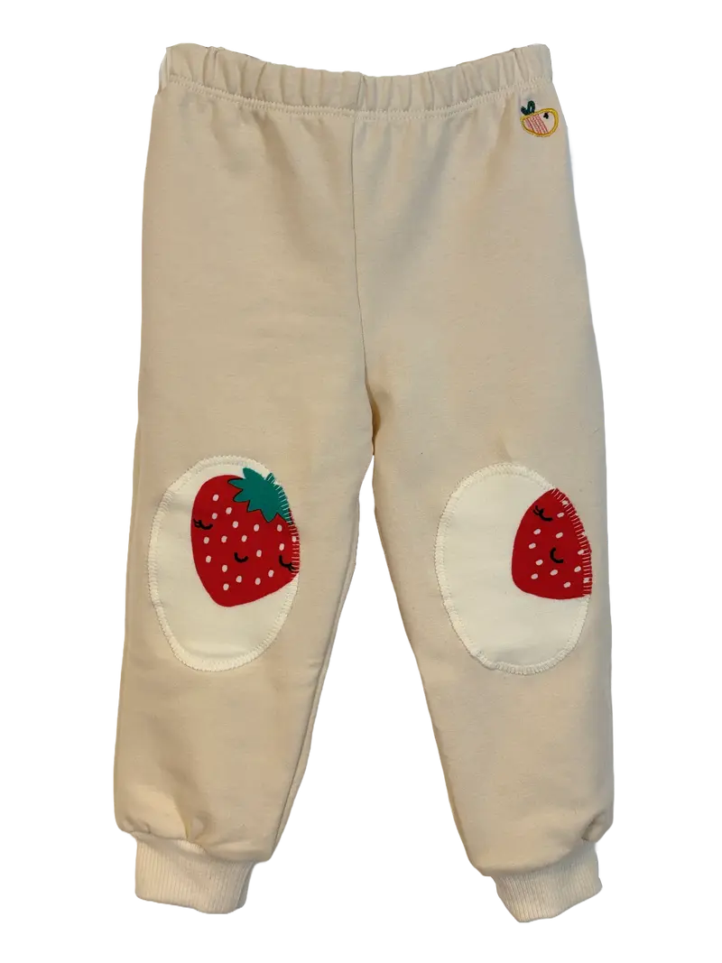 Pantalone lungo in cotone biologico felpato con toppe – Color Panna con toppe con le fragole