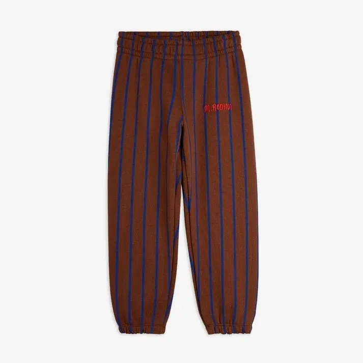 PANTALONE MARRONE A RIGHE BLU CON LOGO ROSSO MINI RODINI