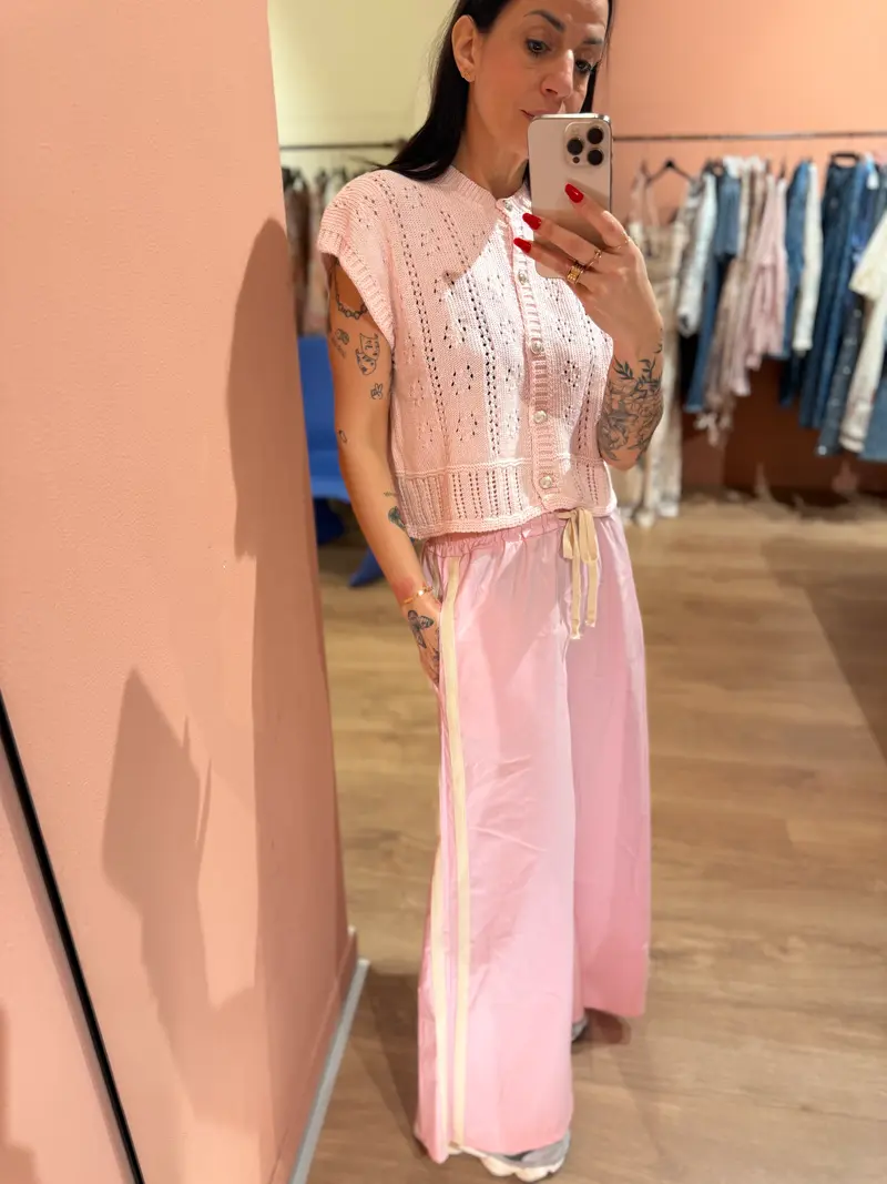 Pantalone wide leg bande laterali rosa