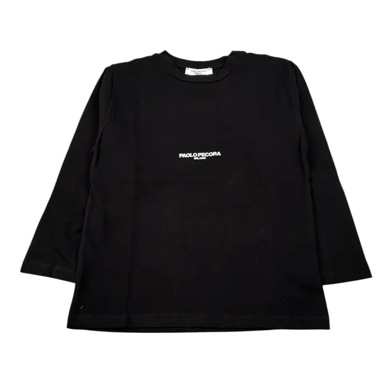 Paolo Pecora Shirt Girocollo tinta unita con Logo Nero per Bambino