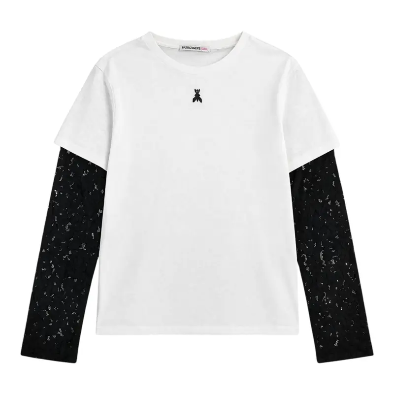 Patrizia Pepe Shirt Bicolore con Maniche Ricamate Bianco per Bambina