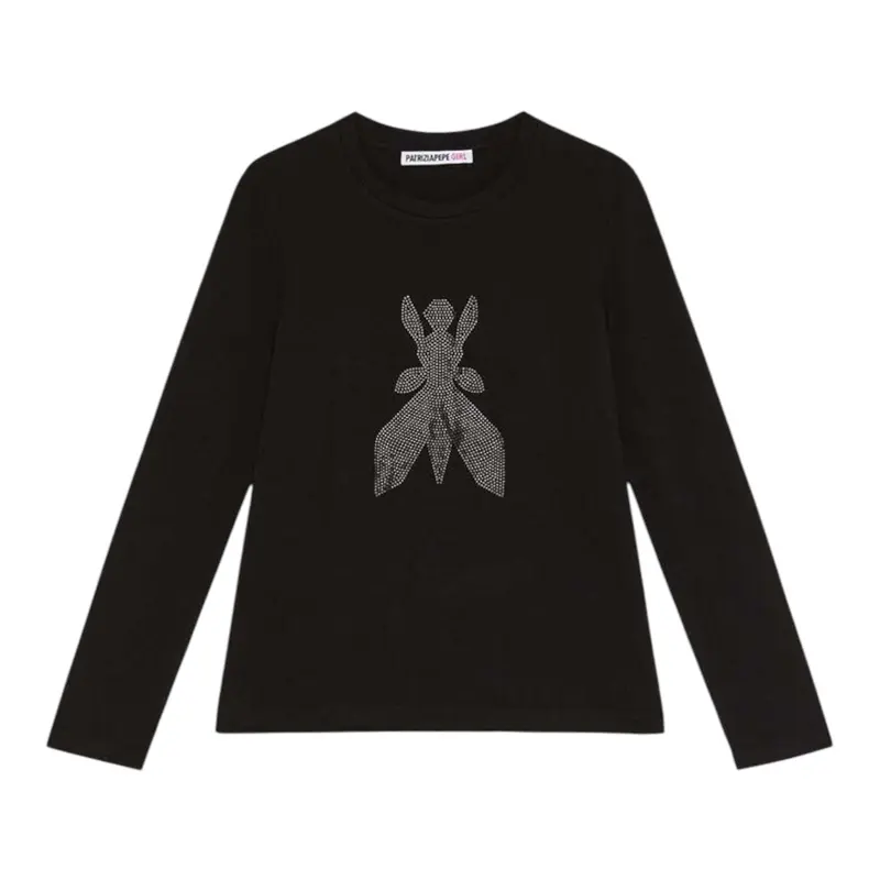 Patrizia Pepe Shirt tinta unita con Brillantini Nero per Bambina