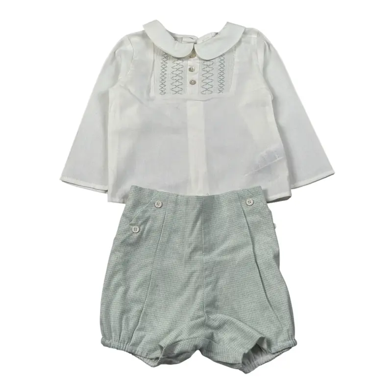 Paz Rodriguez Completo 2 Pezzi Camicia-Culotte Panna/Verde Acqua per Neonato