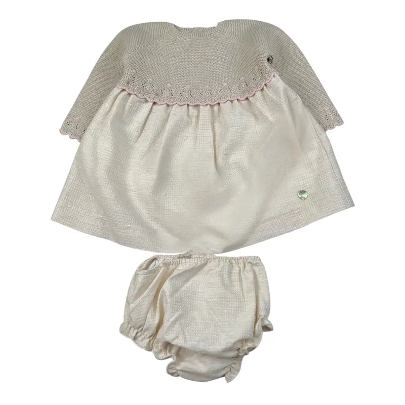 Paz Rodriguez Set Abito-Coulotte con Ricami Beige per Neonata