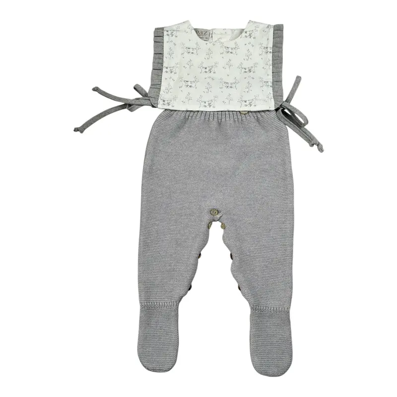 Paz Rodriguez Tutina Smanicata Bicolore con Stampa Bianco/Grigio per Neonata
