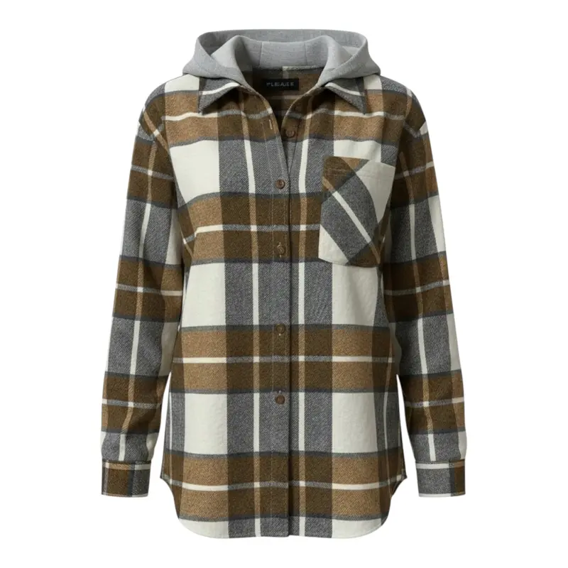 Please Camicia Bicolore con Fantasia Quadri E Cappuccio Cammello per Bambino