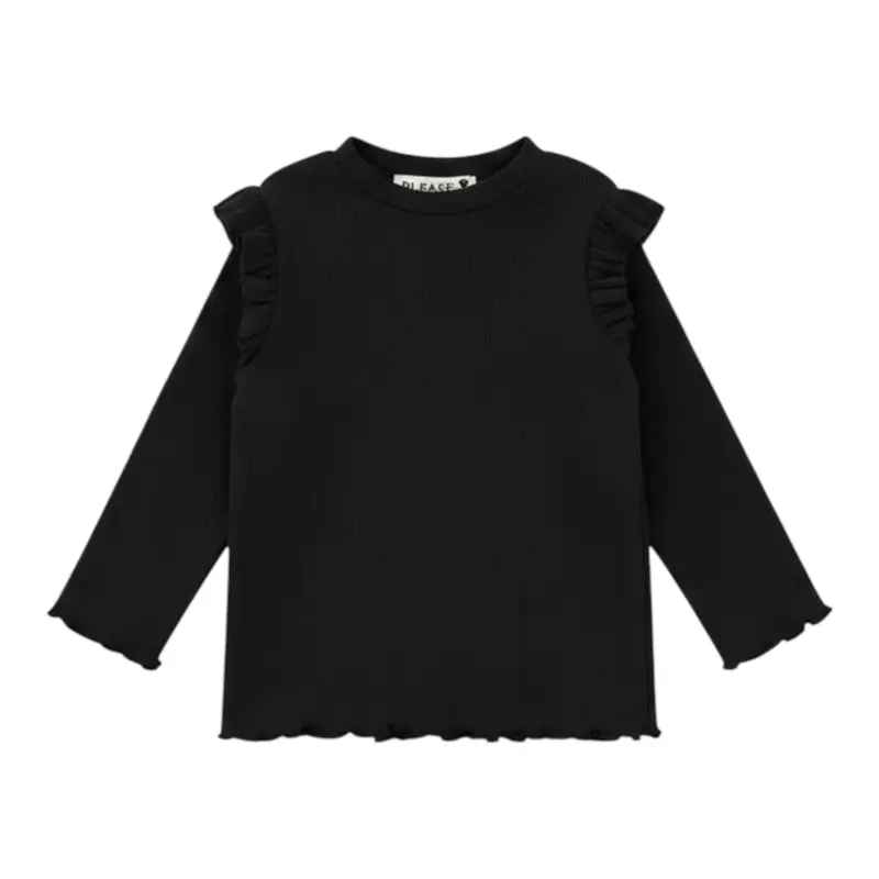 Please Maglia tinta unita con Balze Nero per Bambina