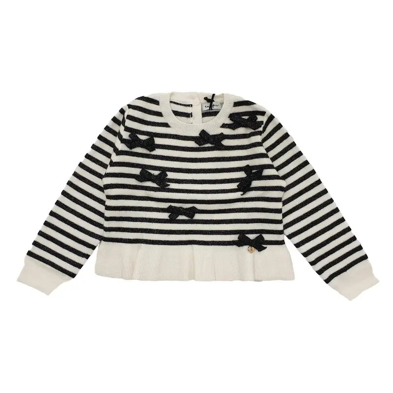 Pullover bambina fasciato 2 colori con fiocchetti applicati