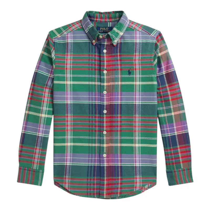 Ralph Lauren Camicia tinta unita con Fantasia A Quadri Verde per Bambino