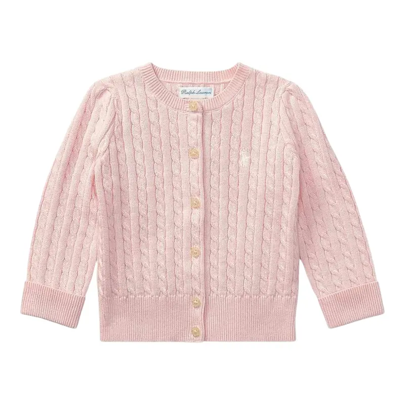 Ralph Lauren Cardigan tinta unita con Logo Rosa per Neonata
