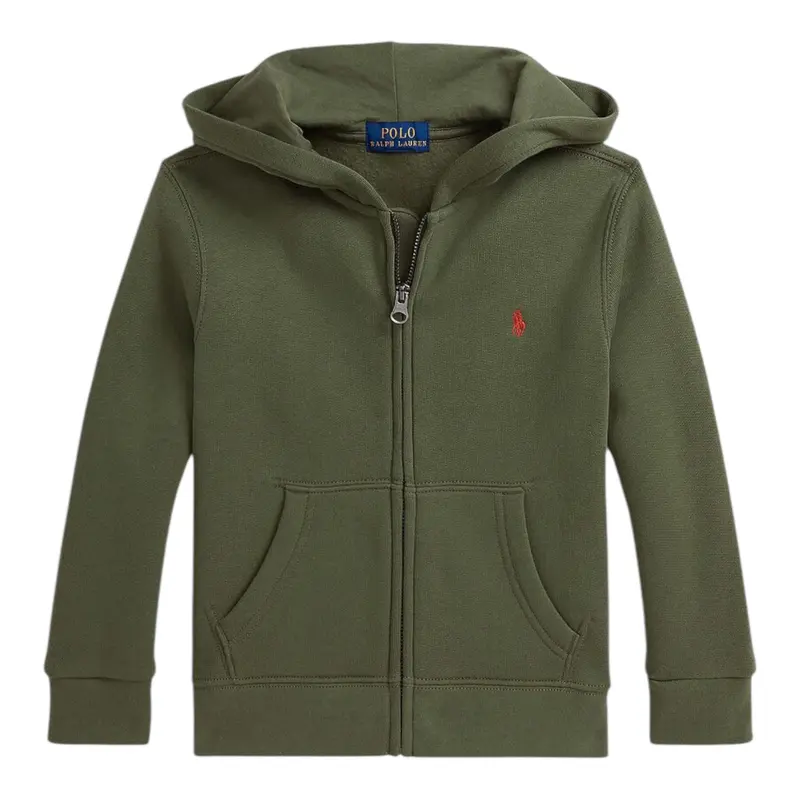 Ralph Lauren Felpa tinta unita con Zip E Cappuccio Verde per Bambino