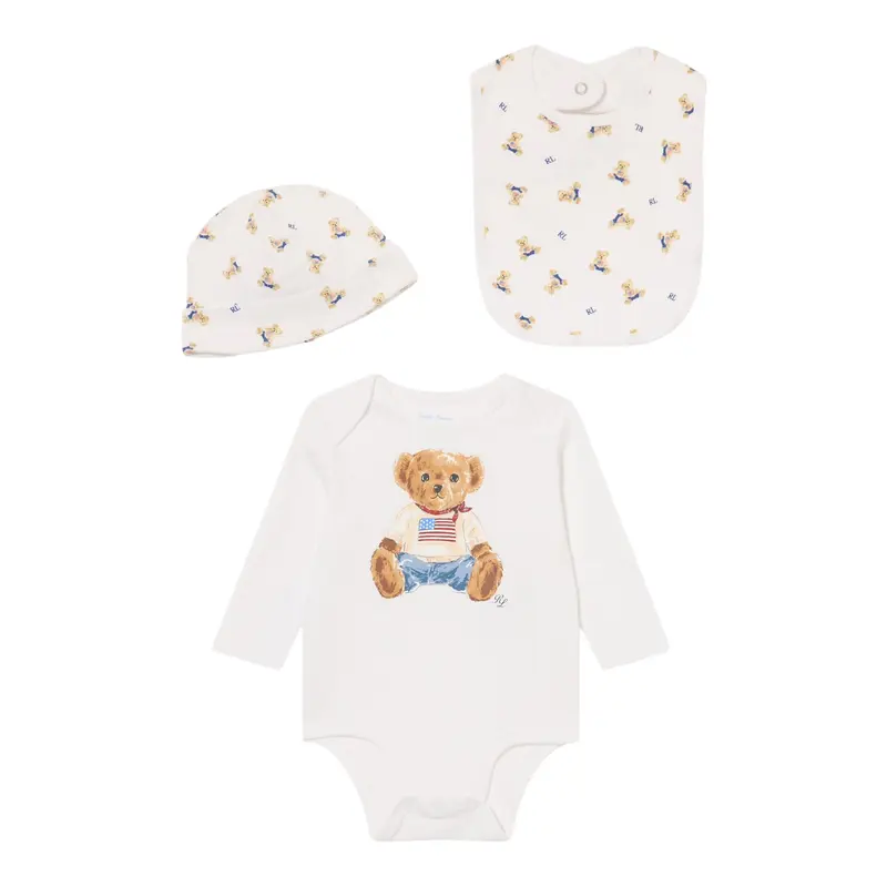 Ralph Lauren Set 3Pz Tutina-Cappello-Bavetta Bianco per Neonato