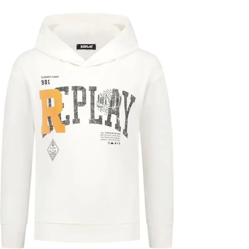 Replay Felpa tinta unita con Cappuccio Panna per Bambino