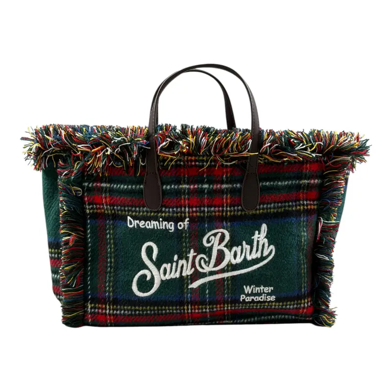 Saint Barth Borsa Bicolore con Fantasia Scozzese E Logo Verde per Bambina