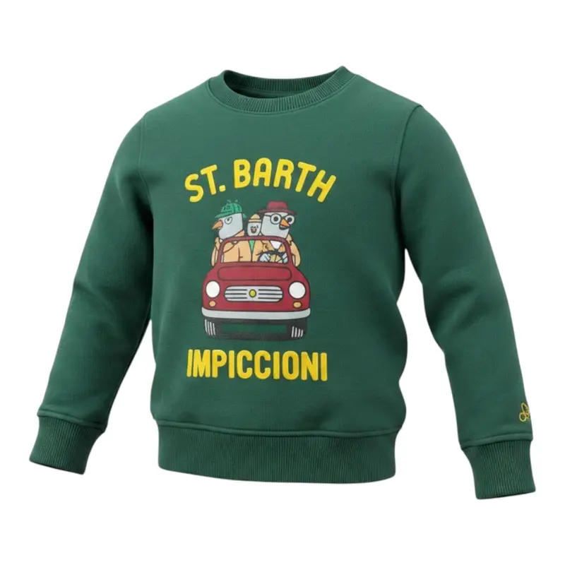 Saint Barth Felpa Chiusa Girocollo tinta unita con Logo Verde per Bambino
