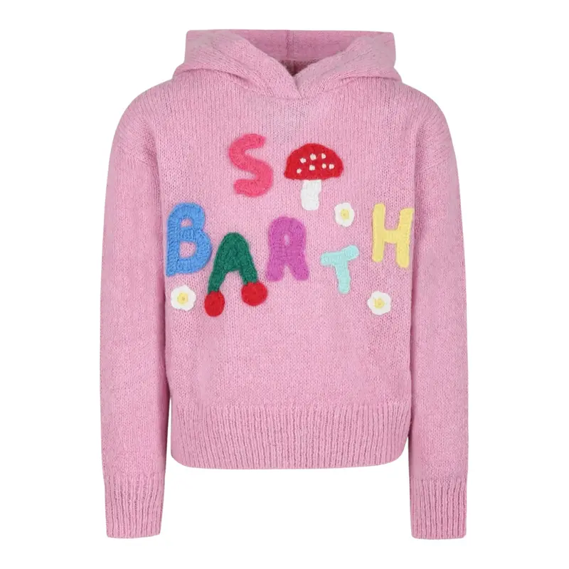 Saint Barth Maglia con Cappuccio tinta unita con Ricami Rosa per Bambina