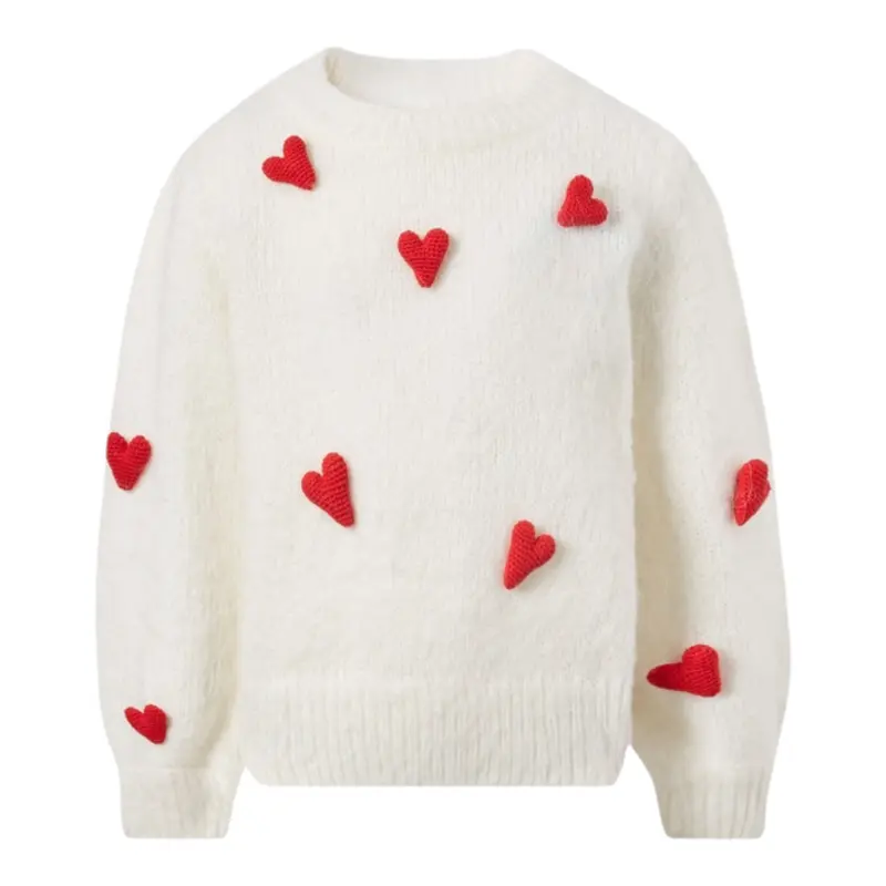 Saint Barth Maglia Girocollo tinta unita con Cuori Panna per Bambina