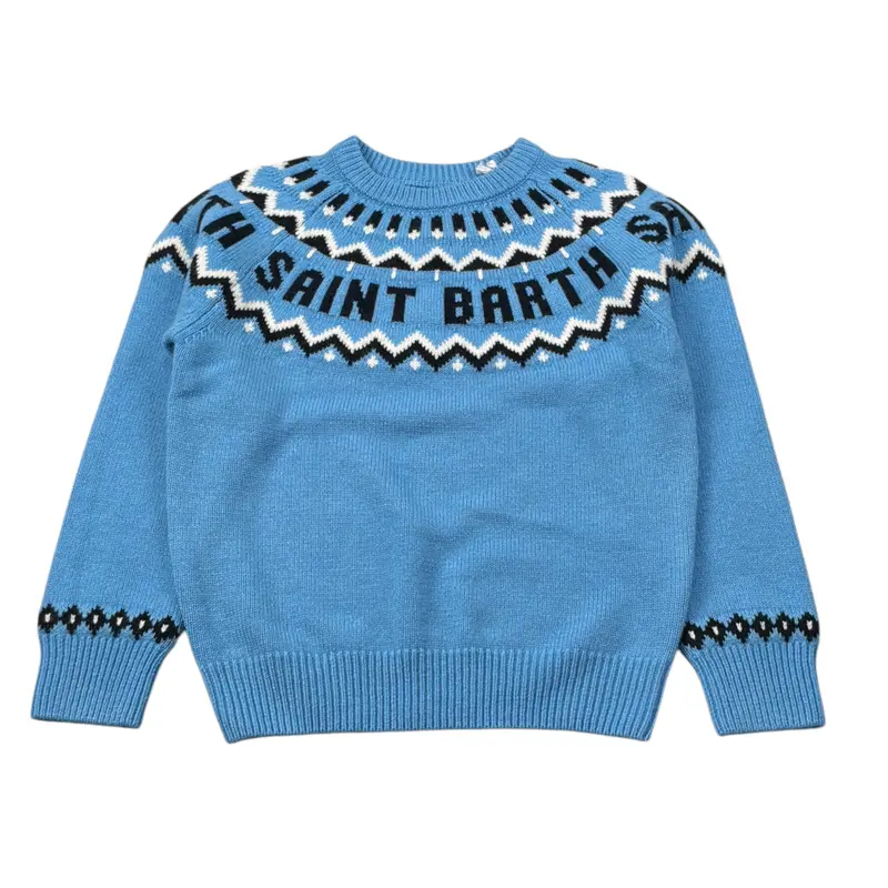Saint Barth Maglia Girocollo tinta unita con Logo Azzurro per Bambino
