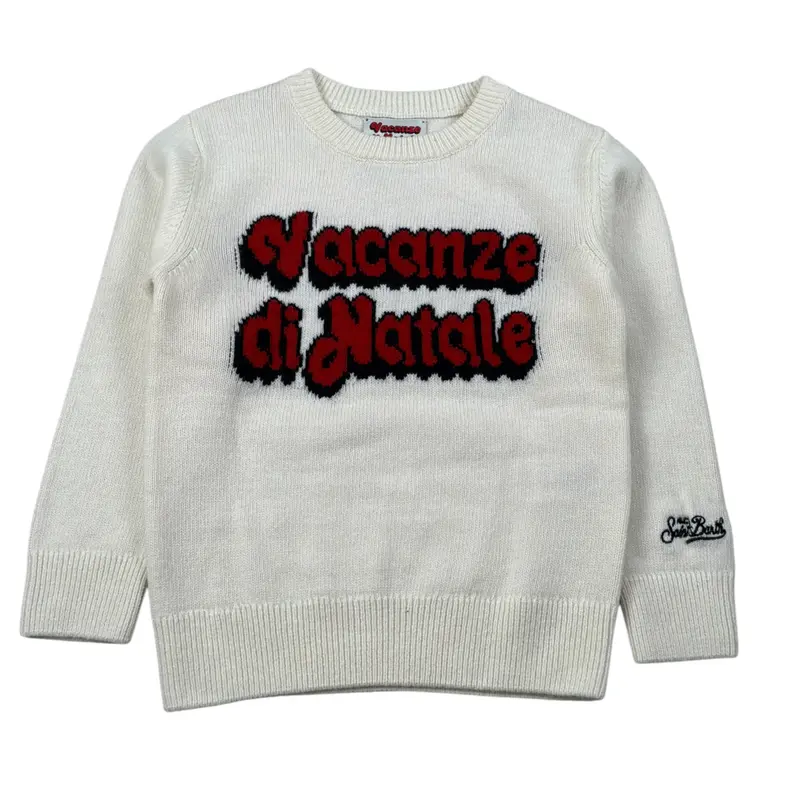 Saint Barth Maglia Girocollo tinta unita con Logo Panna per Bambina