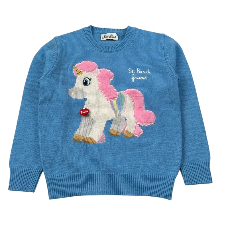Saint Barth Maglia Girocollo tinta unita con Ricami Azzurro per Bambina