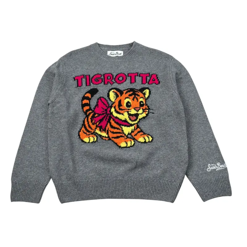Saint Barth Maglia Girocollo tinta unita con Ricami Grigio per Bambina