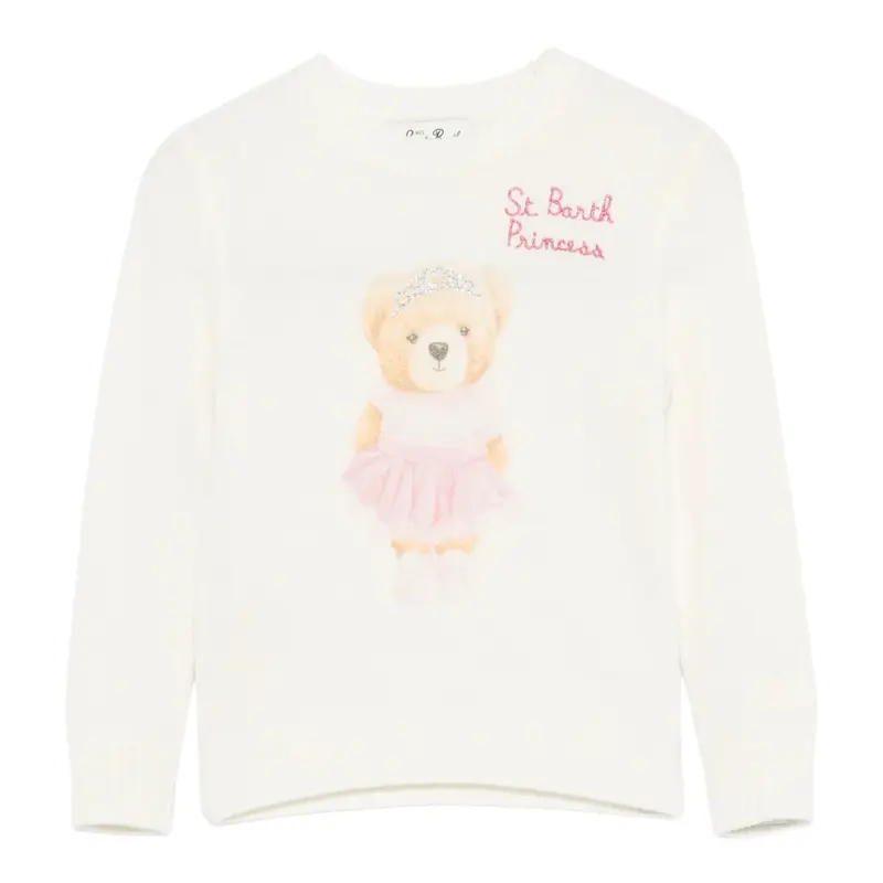 Saint Barth Maglia Girocollo tinta unita con Ricami Panna per Bambina