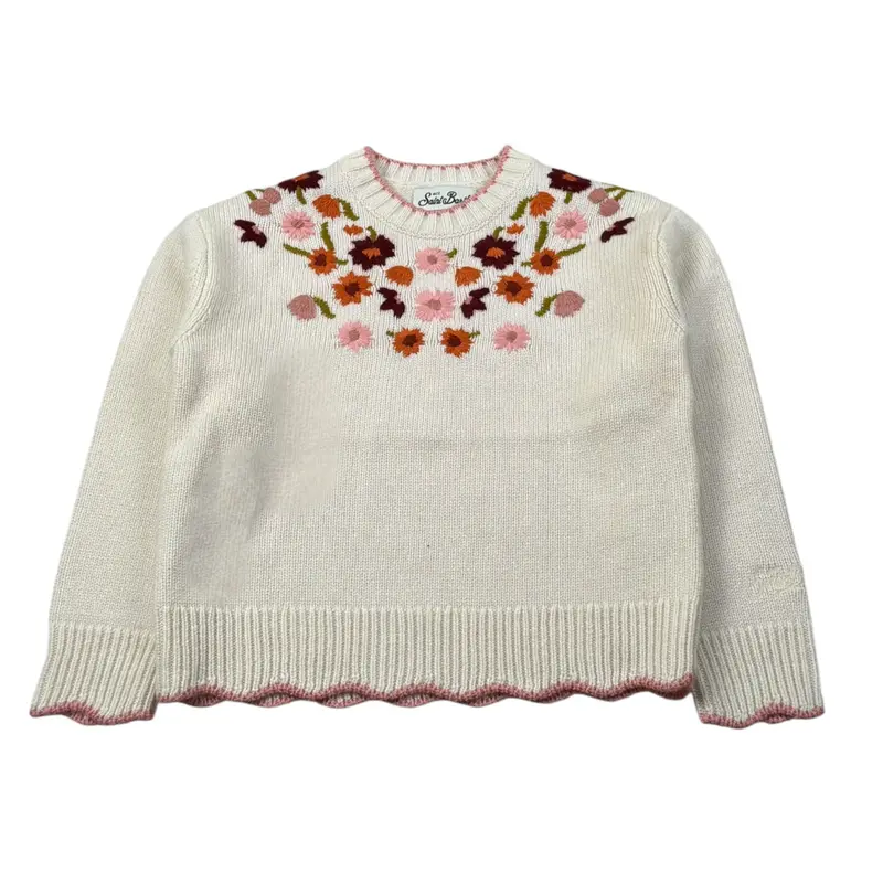 Saint Barth Maglia Girocollo tinta unita con Ricami Panna per Bambina