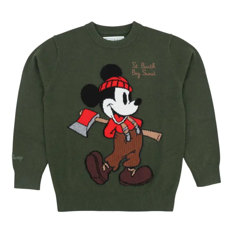Saint Barth Maglia Girocollo tinta unita con Ricami Verde per Bambino