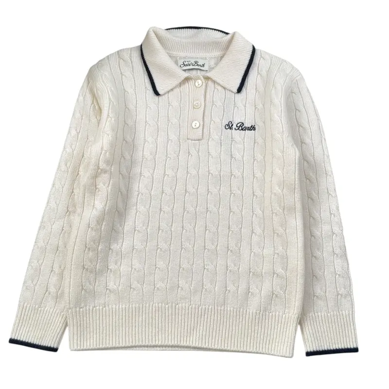 Saint Barth Maglia tinta unita con Colletto E Logo Panna per Bambina